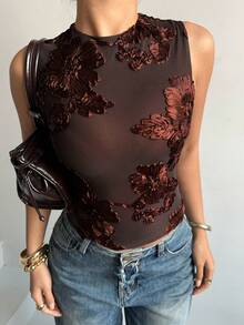 Siren Gaze 女士夏季优雅花卉刺绣吊带背心，夏季咖啡棕色上衣，棕色上衣，女士深棕色上衣 - 咖啡棕 - 查看 4