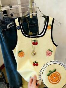 Resyla New Arrival Bestselling Women Embroidered Fruit Print Loose Casual Contrast Stripe Regular Fitted Tank Top