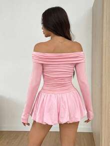 SHEIN EZwear 女士粉色单肩长袖荷叶边迷你连衣裙，适合情人节约会以及春秋季和夏季穿着。 - 粉色 - 查看 2