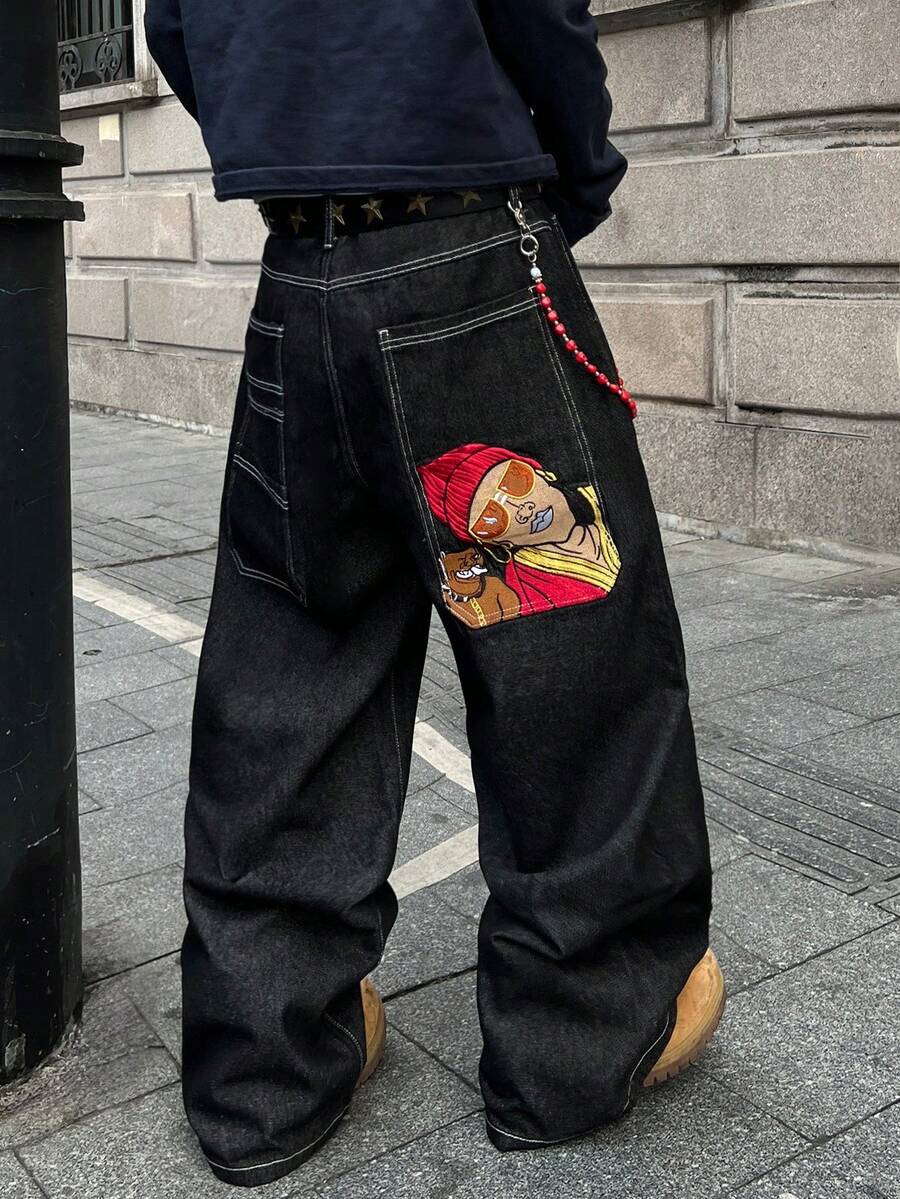 STEELVANCE Jeans rectos y sueltos de estilo vintage con diseño único de bordado de perro en el bolsillo trasero - Negro - Ver 1