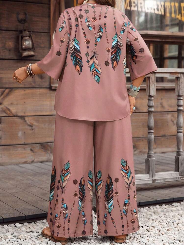 Plus Size Summer Vacation Feather Print Top And Pants 2 Pieces Set Vacation Outfits Women Holiday Outfits For Women Beach Vacation Outfits For Women Blouse And Pants Set Women 2 Piece Sets Boho Two Piece Set Bohemian