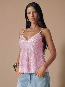 SHEIN BAE Autumn/Winter Solid Color Sexy Deep V-Neck Deep Brown Sequin Strap Women's Top, Sequin Women's Camisole, Autumn/Winter Undershirt, Party Cocktail Occasion - Baby Pink - View 4