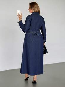 Auralis 大码女式时尚休闲单排扣长袖牛仔连衣裙，春夏情人节狂欢节服装，通勤度假毕业典礼时尚Y2K可爱街头风派对婚礼优雅商务休闲女式牛仔纽扣连衣裙，翻领长袖系带腰身细节 - 藍色 - 查看 2