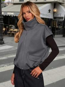 Glamine Women's High Collar Zip-Up Drawstring Hem Gray Jacket - Grey - View 5