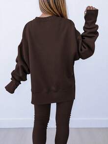 INAWLY Bộ đồ 2 món thường ngày cổ tròn trễ vai màu trơn tay dài cho nữ cỡ lớn - Cà phê nâu - Xem 2