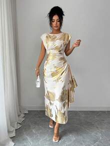 Elenzga Vestido de mujer elegante con volantes en la cintura y el bajo, estampado floral aleatorio, para verano - Albaricoque - Ver 5