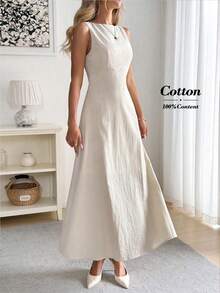 Easowa Damska sukienka na co dzień, w jednolitym kolorze, z okrągłym dekoltem, bez rękawów, na Walentynki, elegancka i elegancka, dopasowana, z czystej białej bawełny, wygodna i oddychająca, na Walentynki - Morela - Zobacz 2