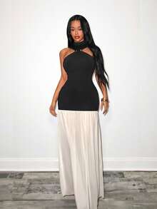 BamGleam 女士撞色鱼尾下摆修身优雅吊带连衣裙 - 黑與白 - 查看 6