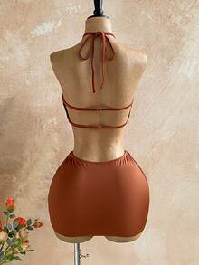 Soleia 2pcs Vacation Sexy Fringe Halter Backless Crop Top And Low Waist Skirt Set, Suitable For Music Festival, Boho, Holiday, Date, Afternoon Tea - Brown - View 2