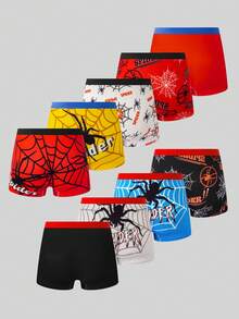 9pcs/Pack Young BoySpider Graphic Basic Solid & Print Boxer Briefs
