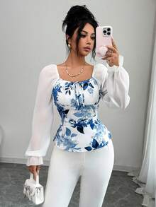 Selianne 女士休闲优雅性感印花方领喇叭袖短款上衣 - 白色 - 查看 3