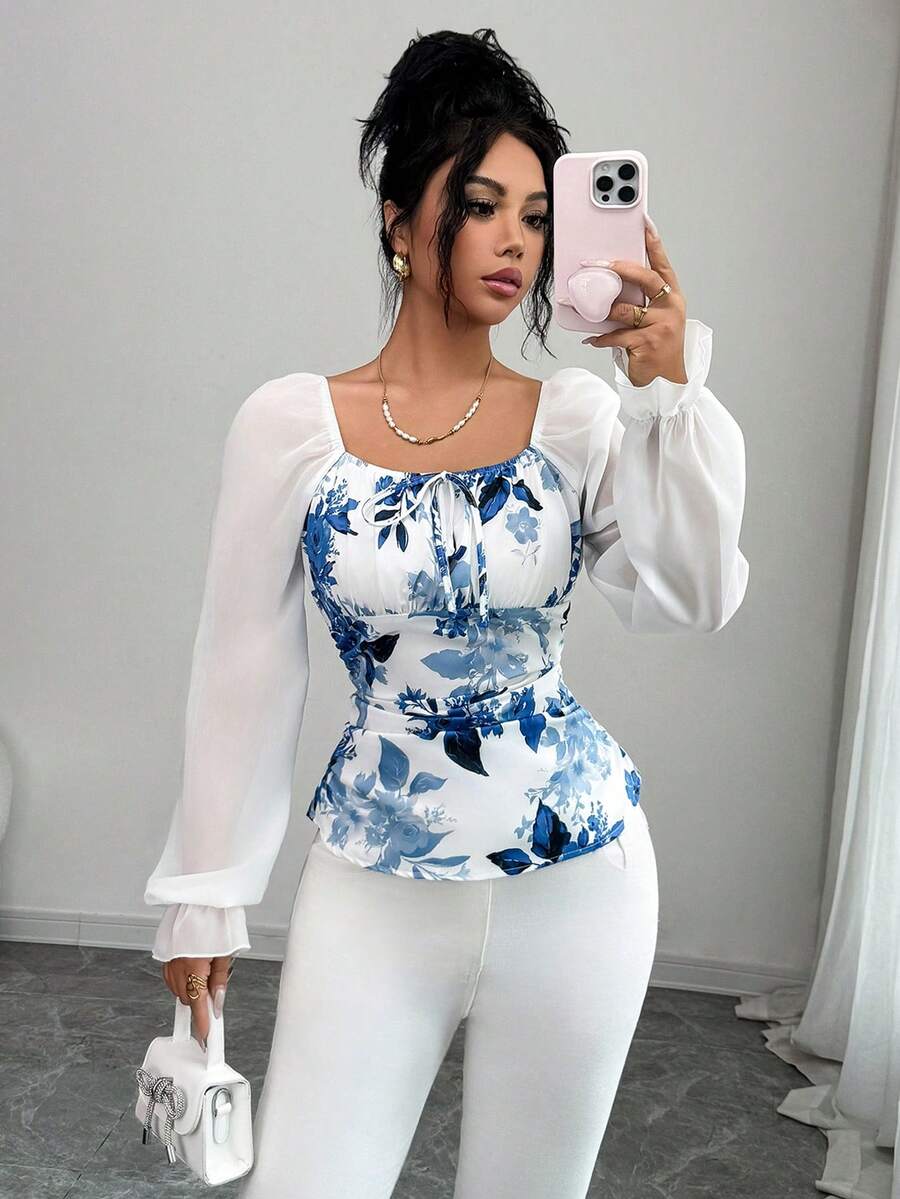 Selianne Áo kiểu nữ dáng ngắn tay xòe cổ vuông in hoa, thanh lịch, gợi cảm, thường ngày. - trắng - Xem 1