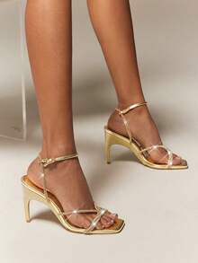 SHUZIA Women's Elegant Minimalist Square Toe Rhinestone Ankle Strap Stiletto Heel Sandals - Gold - View 2