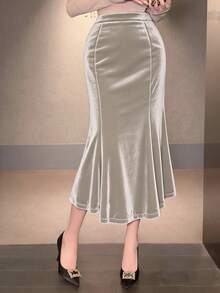 DAZY Chân váy chữ A màu trơn, kiểu dáng thường ngày, thích hợp cho mùa thu, dự tiệc cưới. - Màu be - Xem 3