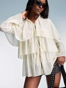 Aveloria GENKIRA Blusa elegante e sofisticata, dal design alla moda e versatile, in seta con laccetti, multistrato in pizzo e chiffon, con volant e balze, adatta per il pendolarismo, stile bohémien, manica lunga - Bianco - Visualizzare 2