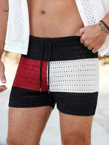 Manfinity VDAYZ Men's Contrast Color Drawstring Waist Hollow Out Casual Loose Swim Trunks Crochet Shorts Men Patchwork Shorts Men Men Sexy Shorts Beach Clothes For Men Men Swim Trunks Beach Shorts Men Beach Shorts Set - Multicolor - View 2