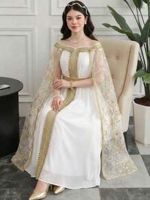 SHEIN Elegant Floral Embroidered Mesh Splice Off-Shoulder Cinched Waist White Long Robe,Summer Bridal Wedding Al-Adha Country Arabic Abaya Dress,Kids - White - View 8