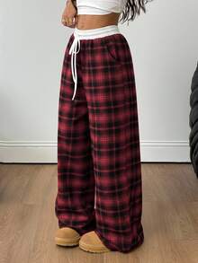 SHEIN PETITE CURVE Quần ống rộng kẻ caro dáng rộng, cạp chun, thích hợp cho mùa thu. - Màu Đỏ Sâu - Xem 3