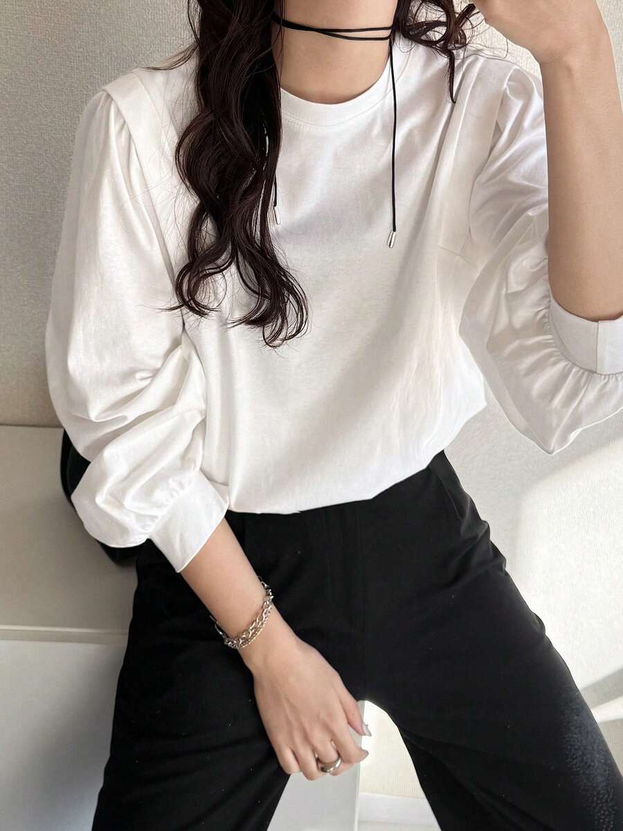 FRIFUL Women's Solid White Cotton Blend Crew Neck Long Sleeve Loose Casual Versatile T-Shirt - White - View 1