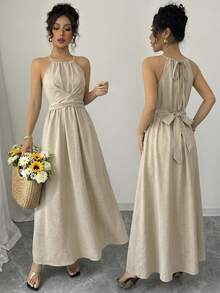 Elenzga Women's Early Spring Dual-Tone Faux Bamboo Texture Sleeveless Spaghetti Strap Waist Cinched A-Line Long Dress, Suitable For Outings And Dates - Khaki - View 3