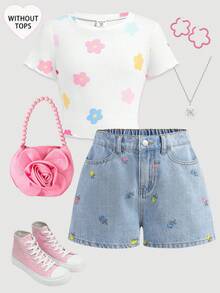 SHEIN Girlism Quần short denim dáng suông thanh lịch dành cho bé gái tuổi teen, màu sáng, họa tiết hoa thêu tinh tế, có túi, đính ngọc trai giả và gấu quần tua rua, thích hợp mặc hàng ngày, dự lễ hội mùa xuân hè và phong cách đường phố. - Màu xanh lam - Xem 5