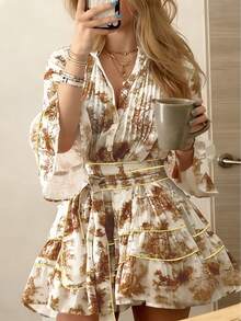 Cévolie Women's Fashionable Casual Elegant Romantic Vacation Floral Print Button Front Dress - Brown - View 2