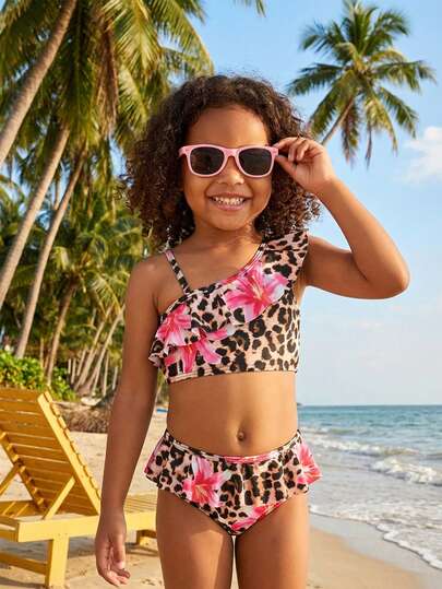 Young Girl Leopard Floral Ruffle Trim Bikini Set, Adjustable Straps, Asymmetric Neckline Swimsuit, Suitable For Beach, Vacation, Summer Gift
