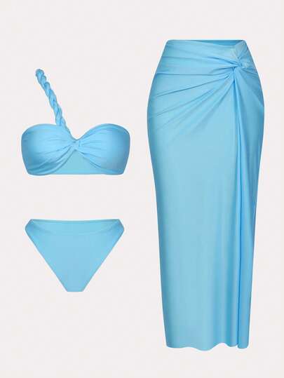 Swim Oasis Conjunto de traje de baño de 3 piezas/set con parte superior sin espalda con nudo retorcido, Bottom de bikini y falda de playa con nudo retorcido y abertura, en unicolor, nuevo para el verano