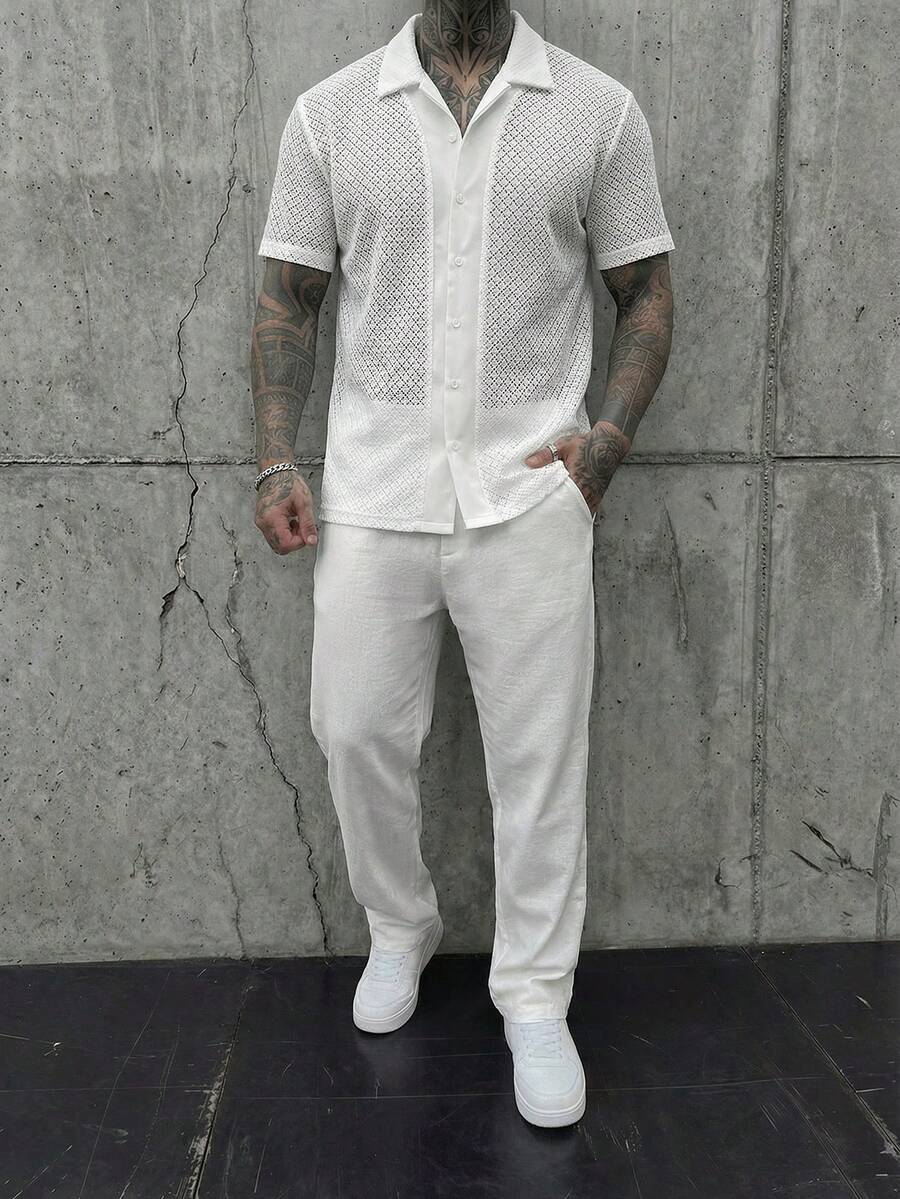GENTILAND Men's Casual Mesh Placket Short Sleeve Shirt And Pants Set, Summer - White - View 1