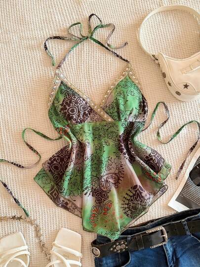 Sweetra Vintage-Style Multi-Color Printed Camisole, Retro Mesh Painting Vibe Sexy , Ribbon Accent, Vacation Vibe, New Summer Women's Tank Top