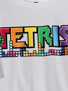 Tetris™ X SHEIN 男士休闲日常通勤百搭字母印花落肩宽松白色T恤，夏季 - 白色 - 查看 3