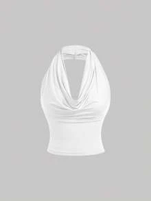 SHEIN MOD Petite 适合身高150-160厘米，娇小身材完美之选，专为娇小女性设计，女士简约纯色褶皱修身上衣，春夏皆宜，适合嘉年华、派对、沙滩、外出、度假、休闲、Y2K风格、白色上衣、优雅上衣 - 白色 - 查看 3