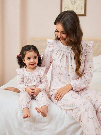 Babyflickor pyjamas - 2-delat pyjamasset Kanintryck Rosa Blommig Volang Axlar Rund Hals Långärmad Resår i Midjan Långa Byxor Tvådelat Nattplagg Bekvämt Lätt Hela Säsong Högtid 2026 Oumbärlig Gåva Barnrum Sovrum Lounge