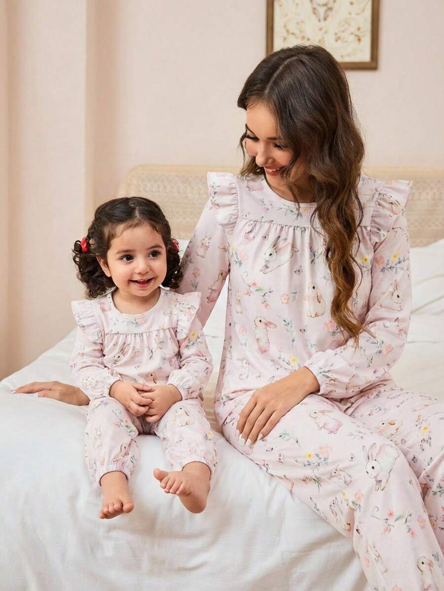 Babyflickor pyjamas - 2-delat pyjamasset Kanintryck Rosa Blommig Volang Axlar Rund Hals Långärmad Resår i Midjan Långa Byxor Tvådelat Nattplagg Bekvämt Lätt Hela Säsong Högtid 2026 Oumbärlig Gåva Barnrum Sovrum Lounge - Babyrosa - Visa 1