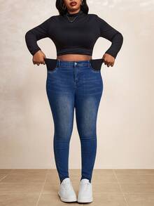 Truni Jeans skinny pour femmes grande taille, jeans bleu foncé stretch, bas pour sortir, collants pour femmes, pantalons en jean pour femmes, pantalons d'automne, pantalons en denim, tenue de retour au foyer d'automne - Jean brut - Voir 3