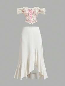 SHEIN MOD 复古花卉印花梦幻浪漫魅力收腰衬衫，饰有荷叶边、蝴蝶结和交叉系带——完美适用于约会、派对、节日、下午茶和生日派对 - 粉色 - 查看 6