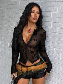 Flirla Women's Fashionable Sexy Flocked Floral Mesh Blouse - Black - View 4