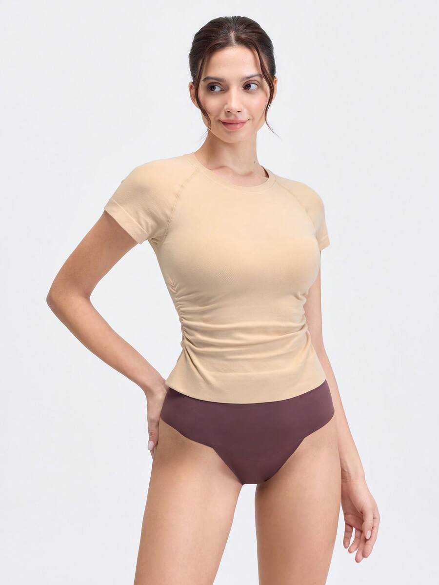 Loungeista 1件女款百褶胸衣式竹纖維短袖修身塑身上衣,顯瘦透氣舒適夏季T恤 - 米色 - 查看 1