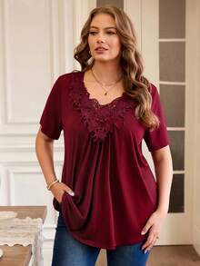 Rosumi Áo Angora tay ngắn viền ren đỏ cỡ lớn, phong cách boho thường ngày, thanh lịch, thích hợp mặc mùa hè, công sở, xuân cho nữ, họa tiết hoa, đi nghỉ mát. - Màu Đỏ Sâu - Xem 4