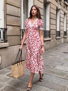 Pariaura 2026 New Women's Long Red Floral Dress Puff Short Sleeve V-Neck White Lace Trim On Sleeves & Neckline Zipper Closure Casual Office Commute Minimalist Vacation Dress Women Vacation Dress Wrap Dresses For Women Summer Elegant Floral Dress Women Cherry Dress Women Floral Midi Dress Women French Style Dress Strawberry Dress Women - Multicolor - View 3