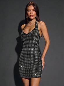 SHEIN BAE 秋季纯色卡其色水钻水晶闪亮颈圈紧身迷你连衣裙，优雅性感，适合派对、夜店、鸡尾酒会、宴会、夜间外出、舞会等场合。 - 黑色 - 查看 6