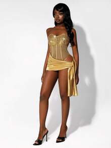 Amplova 女士性感系带迷你连衣裙，亮片拼接裹身裙摆，性感时尚，适合派对和夜店穿着。 - 金色 - 查看 13