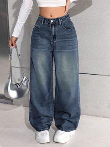 SHEIN 少女Y2K休闲基础款宽松蓝色牛仔裤，适合感恩节、秋冬季穿着。 - 深色水洗藍 - 查看 2