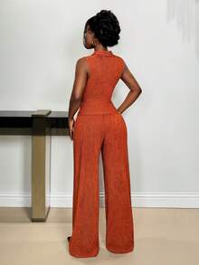 Xyvia Bộ đồ hai mảnh dành cho nữ, chất liệu vải dệt kim kẻ sọc dọc, cổ chữ V, không tay, vạt áo bất đối xứng, eo nhún bèo, khóa kim loại, thanh lịch, sang trọng, tinh tế, thích hợp cho tiệc tùng, đi làm, mùa xuân/hè. - Màu Cam cháy - Xem 3