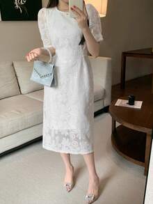 DAZY High-End Embroidered Lace Midi Dress, Women's Round Neck Split Hem French Elegant Party Gown - White - View 1