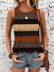 EMERY ROSE Women's Crew Neck Geometric Striped Retro Contrast Color Tank Top, Suitable For Spring/Summer Spring,Casual - Multicolor - View 2