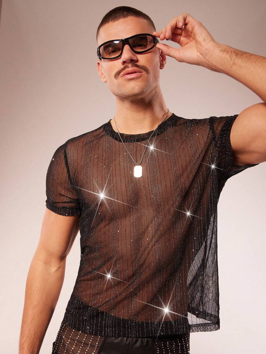 FeverCity Men's Shiny Mesh Round Neck Short Sleeve Sheer T-Shirt - Black - View 1