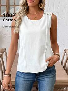 EMERY ROSE 女士休闲纯色背心，夏季白色休闲上衣，适合女士度假穿着。 - 白色 - 查看 5