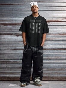 AXEPEAK 男士字母数字印花休闲圆领短袖T恤 - 黑色 - 查看 4