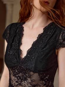 MOTF PREMIUM ELEGANT SEQUIN & EMBROIDERY CONTRAST LACE SEMI-SHEER V-NECK T-SHIRT - Black - View 1